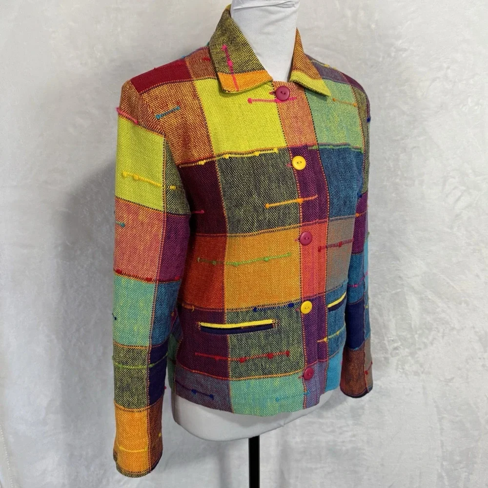 Vintage Rainbow Blazer Jacket Size XS Boxy Colorful Neon Pop Art Deco Tribal 90s